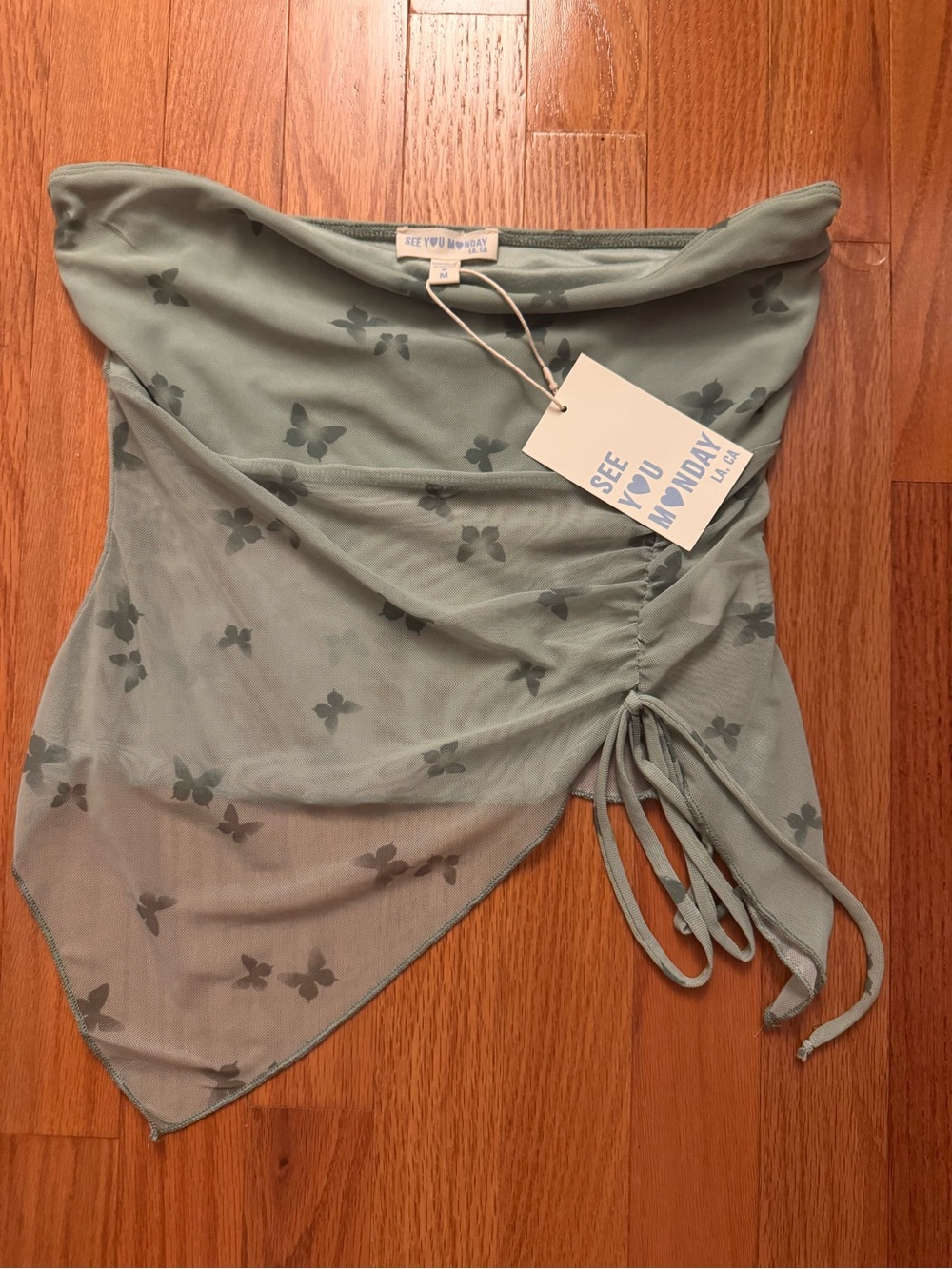 See You Monday Sage Green Butterfly Mesh Top with Ruched Tie